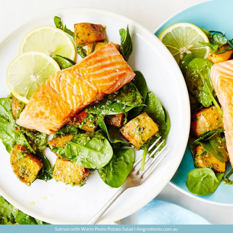 Salmon with Warm Pesto Potato Salad – 4 Ingredients